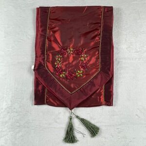 Burgundy Floral Embroidered Faux Silk Table Runner with Tassels 70 Inch Red